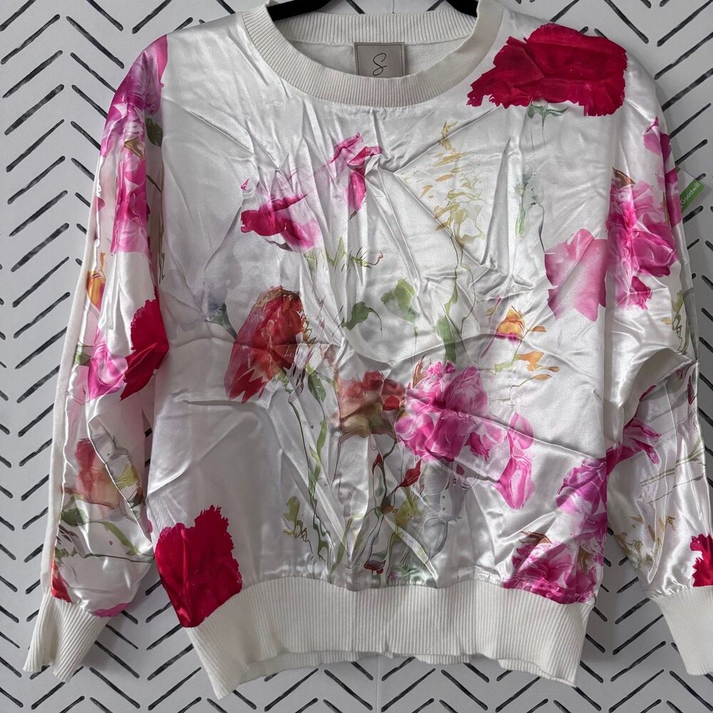 Sioni Women's Floral Satin Crewneck Top Size Small Preppy Colorful